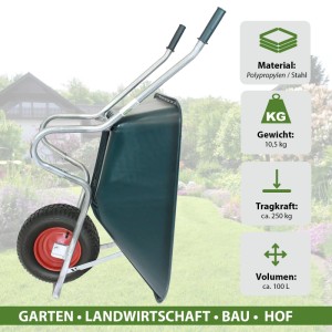 TRUTZHOLM Schubkarre mit 100L Kunststoffmulde und Stahlrahmen, Rad mit roter Felge.