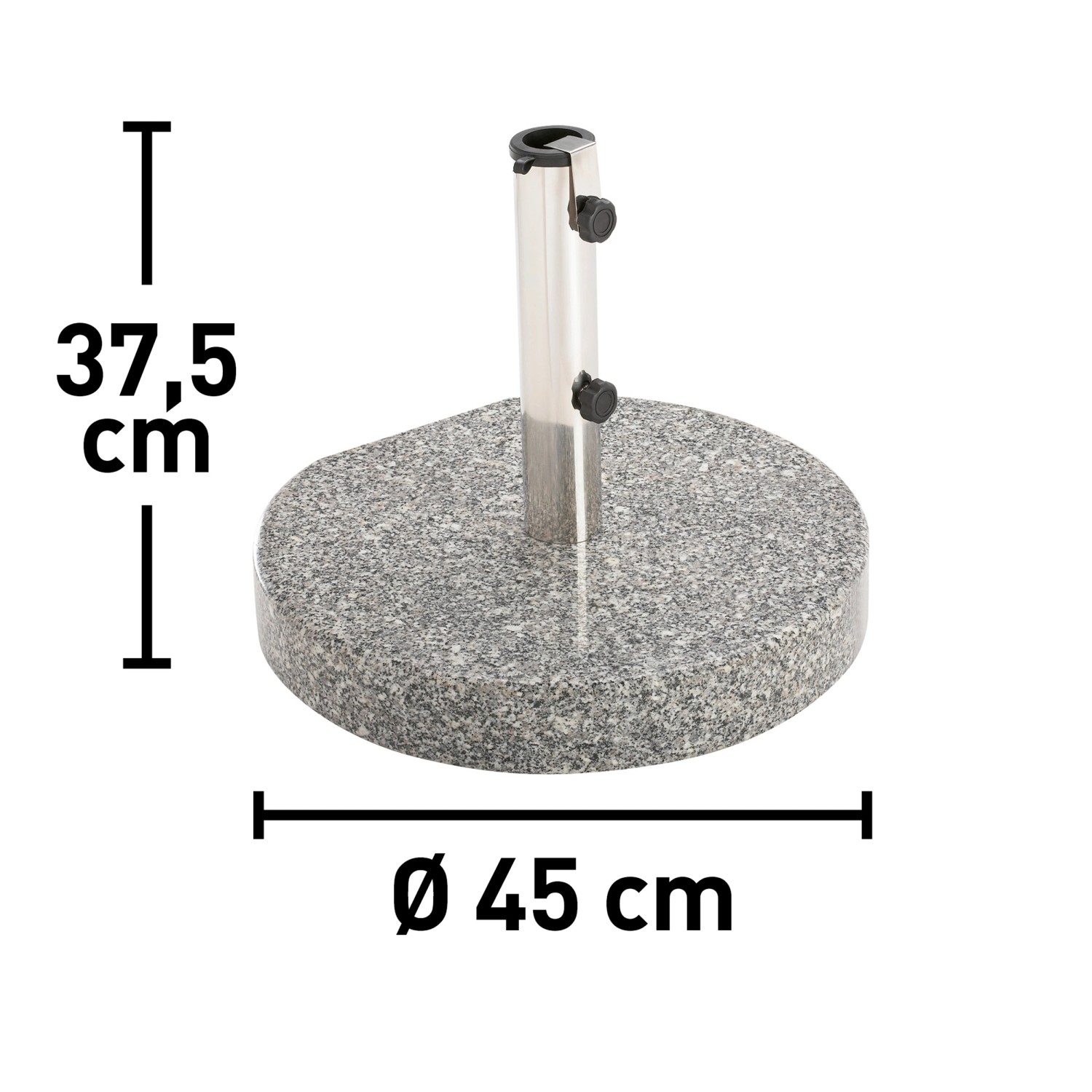 Grauer Schirmständer Granada, 30 kg, aus Granit mit silbernem Rohr für Sonnenschirme.
