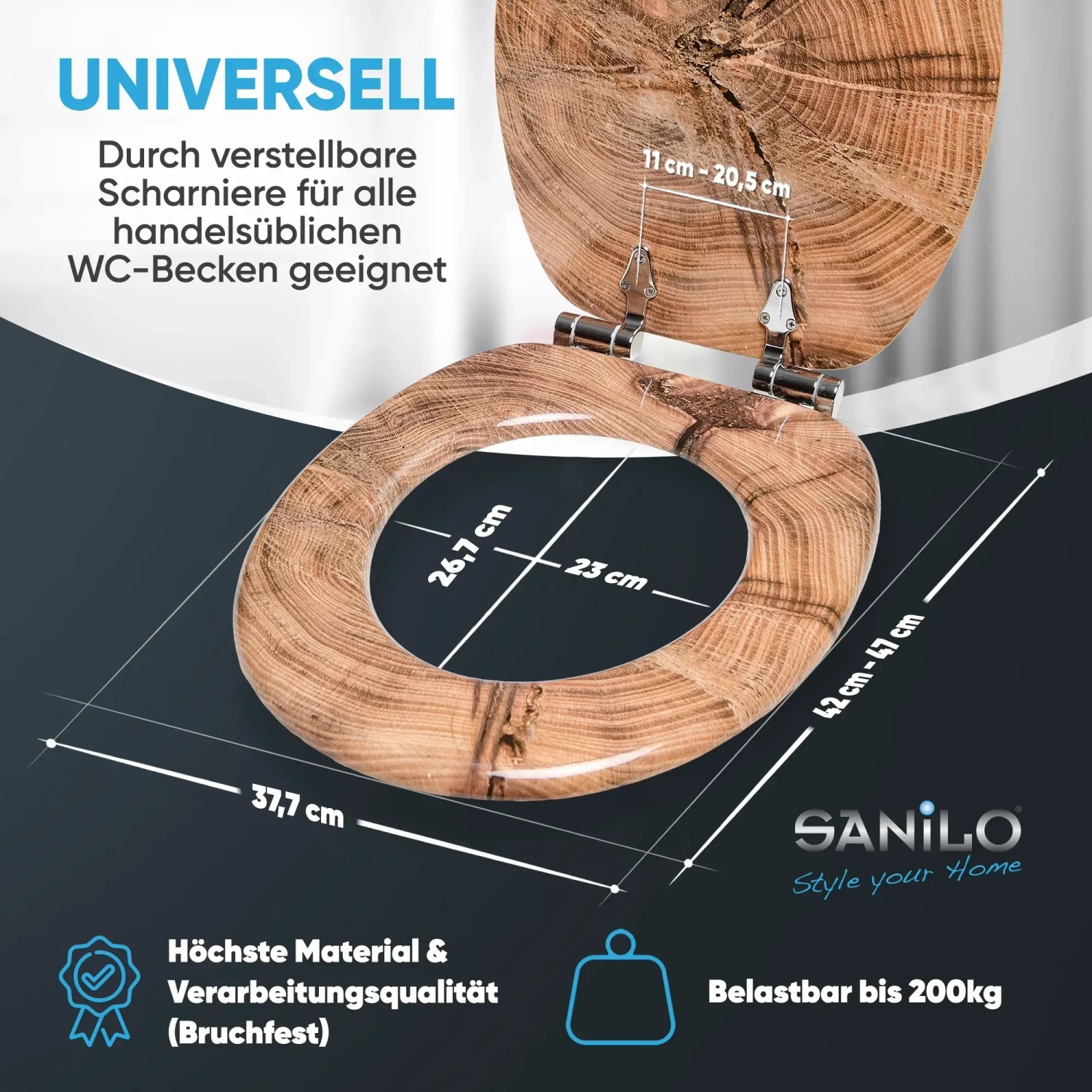 Sanilo WC-Sitz Ohne Absenkautomatik – Rustikales Holzdesign, Verstellbare Scharniere, Antibakterielle Oberfläche