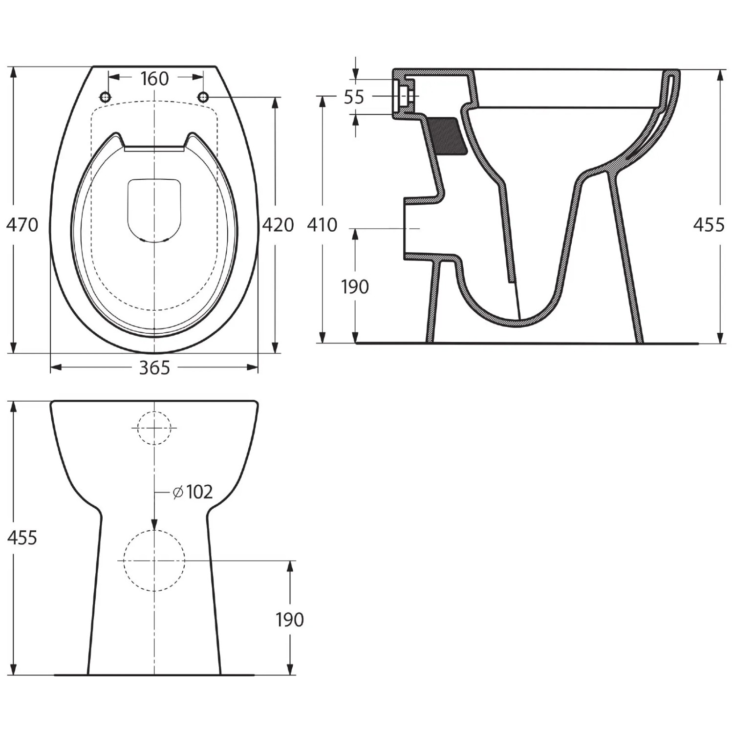 Technische Zeichnung: Calmwaters Stand-WC Set, erhöht, spülrandlos, mit WC-Sitz und Spülkasten, Maße.