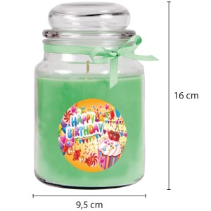 Duftkerze im Glas "Happy Birthday" mit Bonbon-, Kokos- und Limettenduft. Dekorative Kerze.