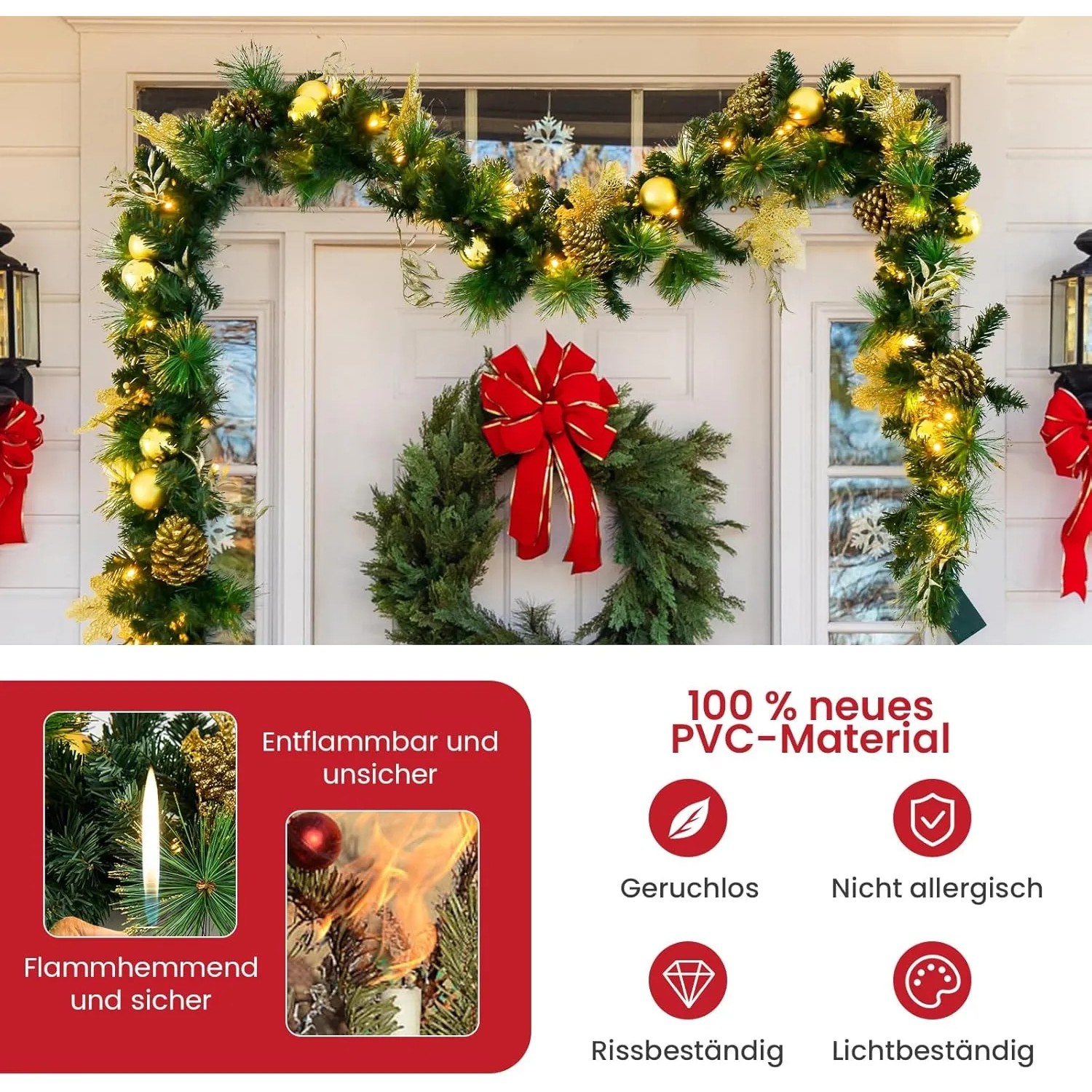 Weihnachtsgirlande mit goldenen Kugeln und warmweißen LEDs als festliche Weihnachtsdekoration.