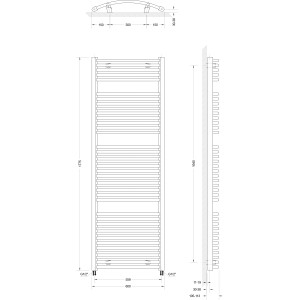 Technische Zeichnung: Schulte Design-Heizkörper München Rund, Maße und Anschlüsse.