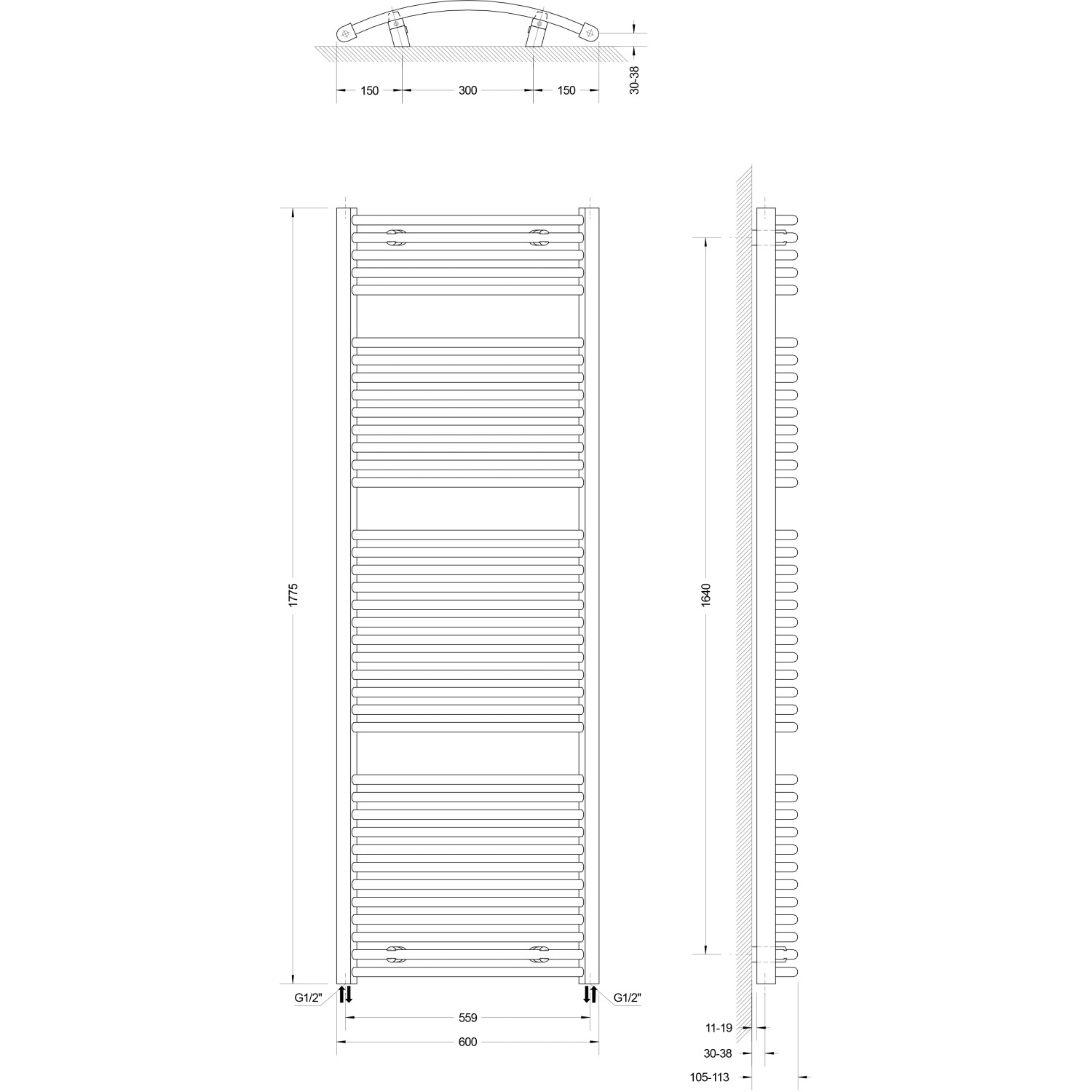Technische Zeichnung: Schulte Design-Heizkörper München Rund, Maße und Anschlüsse.