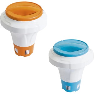 Bestway Pool Chemikalien-Schwimmer in Orange und Blau zur Dosierung von Poolchemie.
