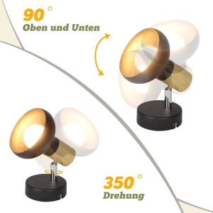 Schwarzer NETTLIFE Deckenstrahler aus Eisen, gold innen, dreh- & schwenkbar. Zeigt 90° Neigung & 350° Drehung. Vintage Spot.