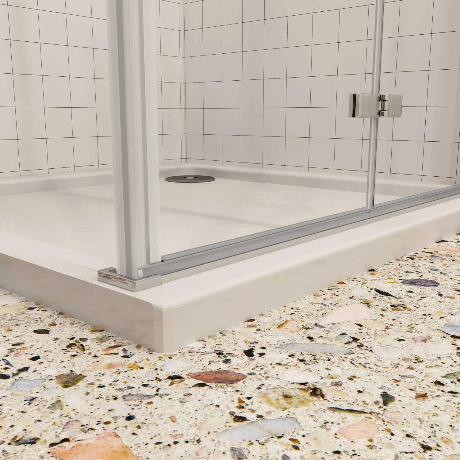 Detailaufnahme einer Ecke der AICA Falttür Eckdusche mit Duschwanne.