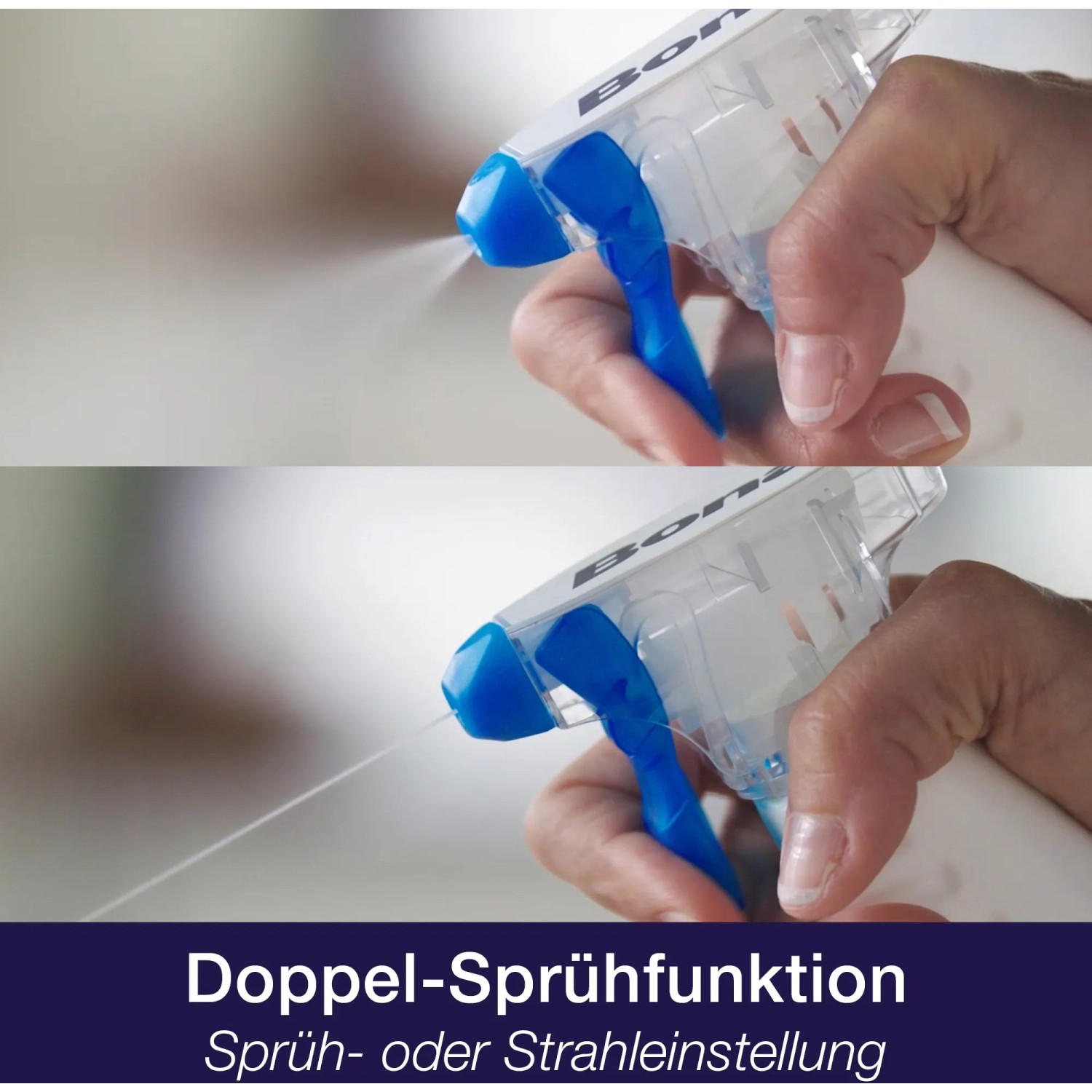 Bona Parkettreiniger Spray mit Doppel-Sprühfunktion: Sprüh- und Strahleinstellung im Detail.