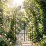 Schwarzer Stahl Rosenbogen mit zweiflügeliger Tür, Vintage-Design, umrankt von rosa Rosen im sonnigen Garten.