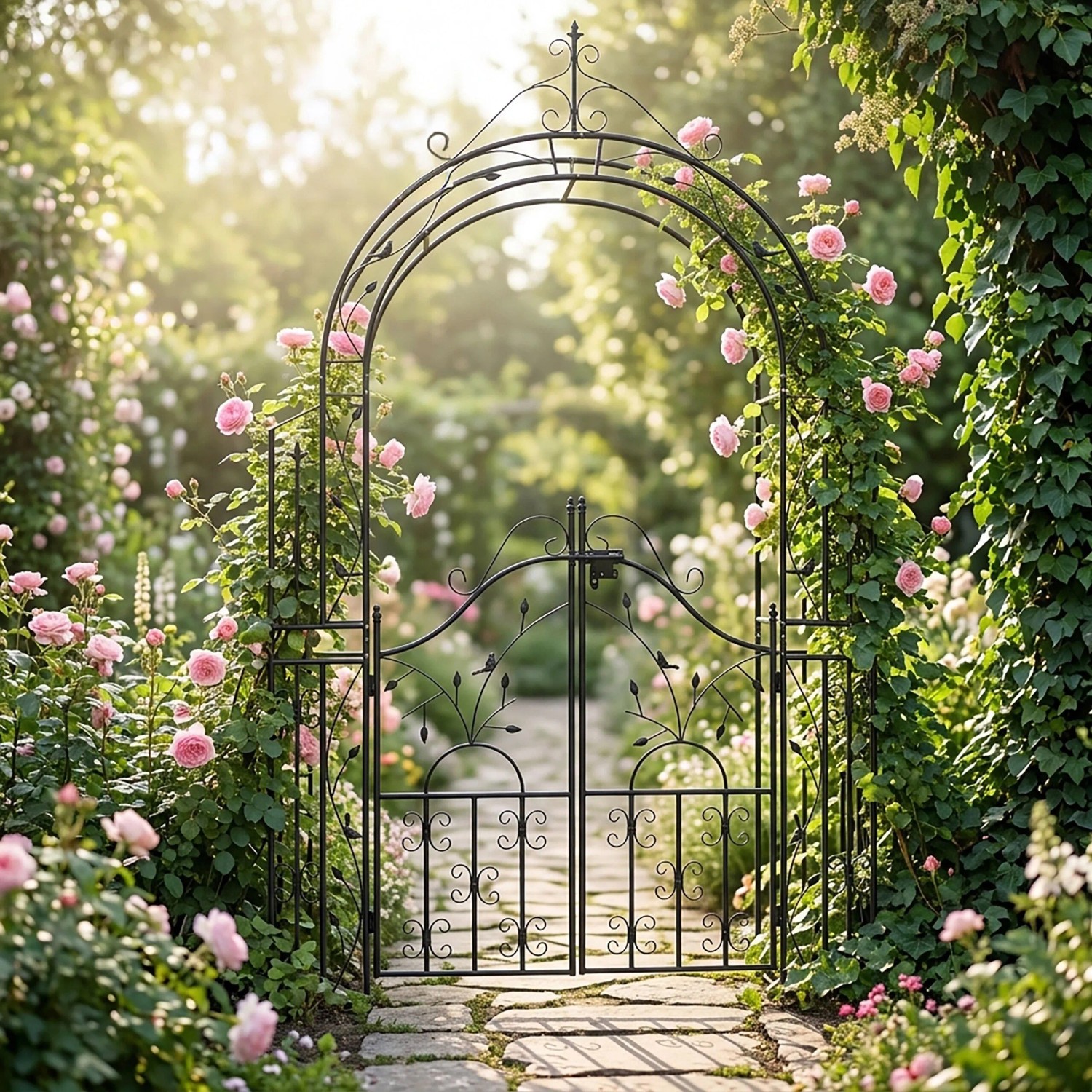 Schwarzer Stahl Rosenbogen mit zweiflügeliger Tür, Vintage-Design, umrankt von rosa Rosen im sonnigen Garten.