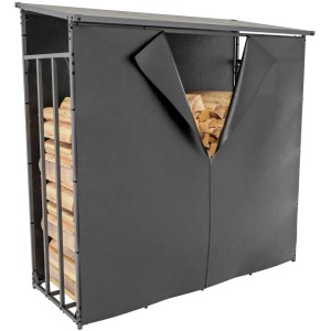 DELUKE Kaminholzregal mit Abdeckung, Brennholzunterstand aus Aluminium mit Plane, teilweise mit Holz gefüllt.