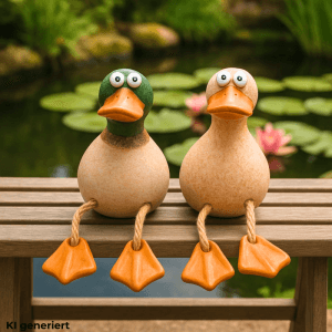 2er Set Deko Entenfiguren aus Steingut, braun, als Gartendeko oder Teichdeko