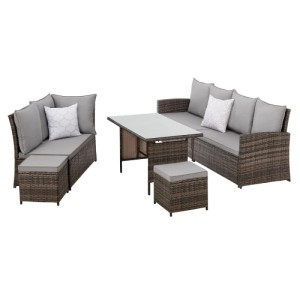 Braunes Polyrattan Garten-Lounge Set Svita Monroe mit Ecksofa, 2 Hockern und Tisch mit Glasplatte, grauen Kissen.