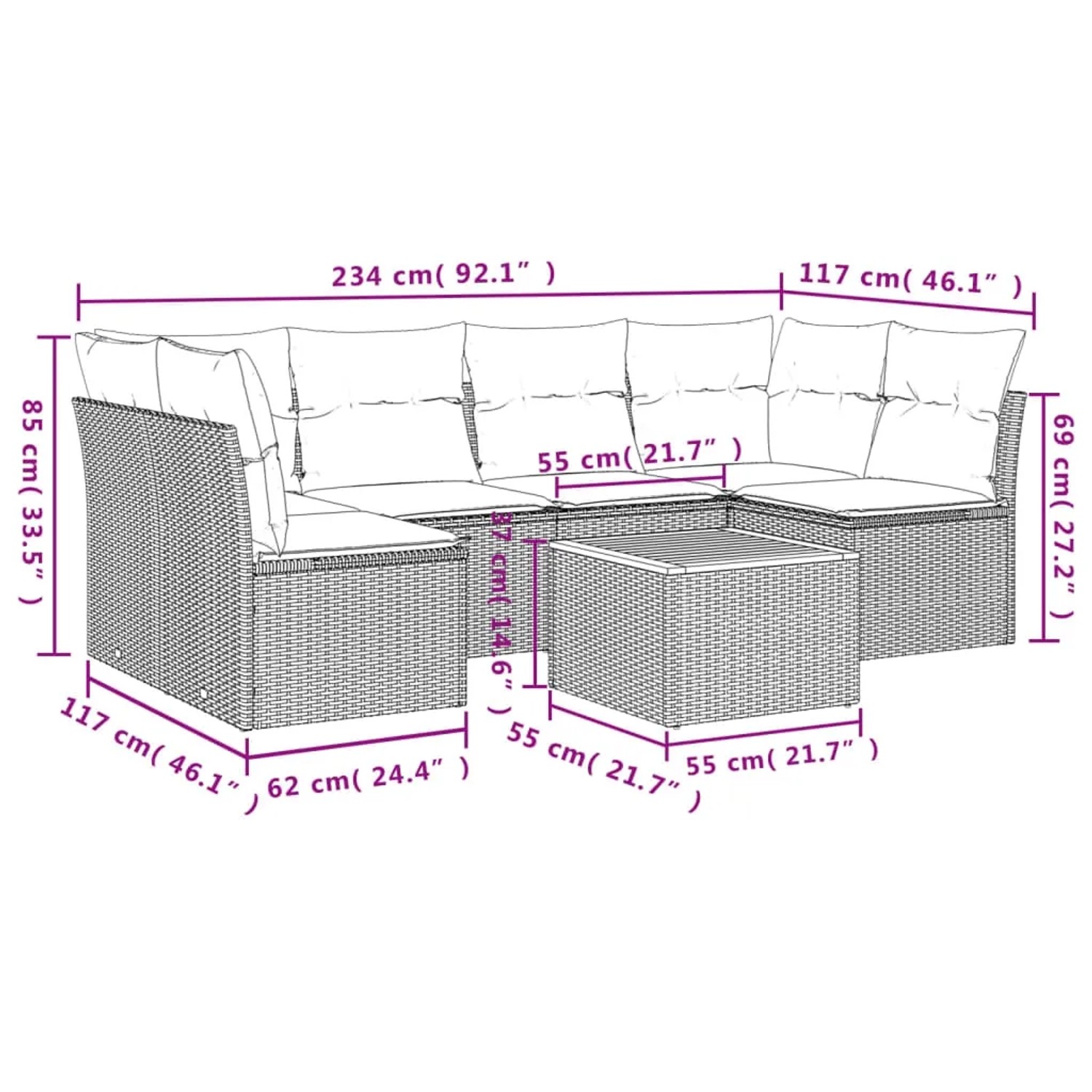 Beige 7-tlg. Garten-Sofagarnitur aus Polyrattan mit Tisch und hellgrauen Kissen, Maße eingezeichnet.
