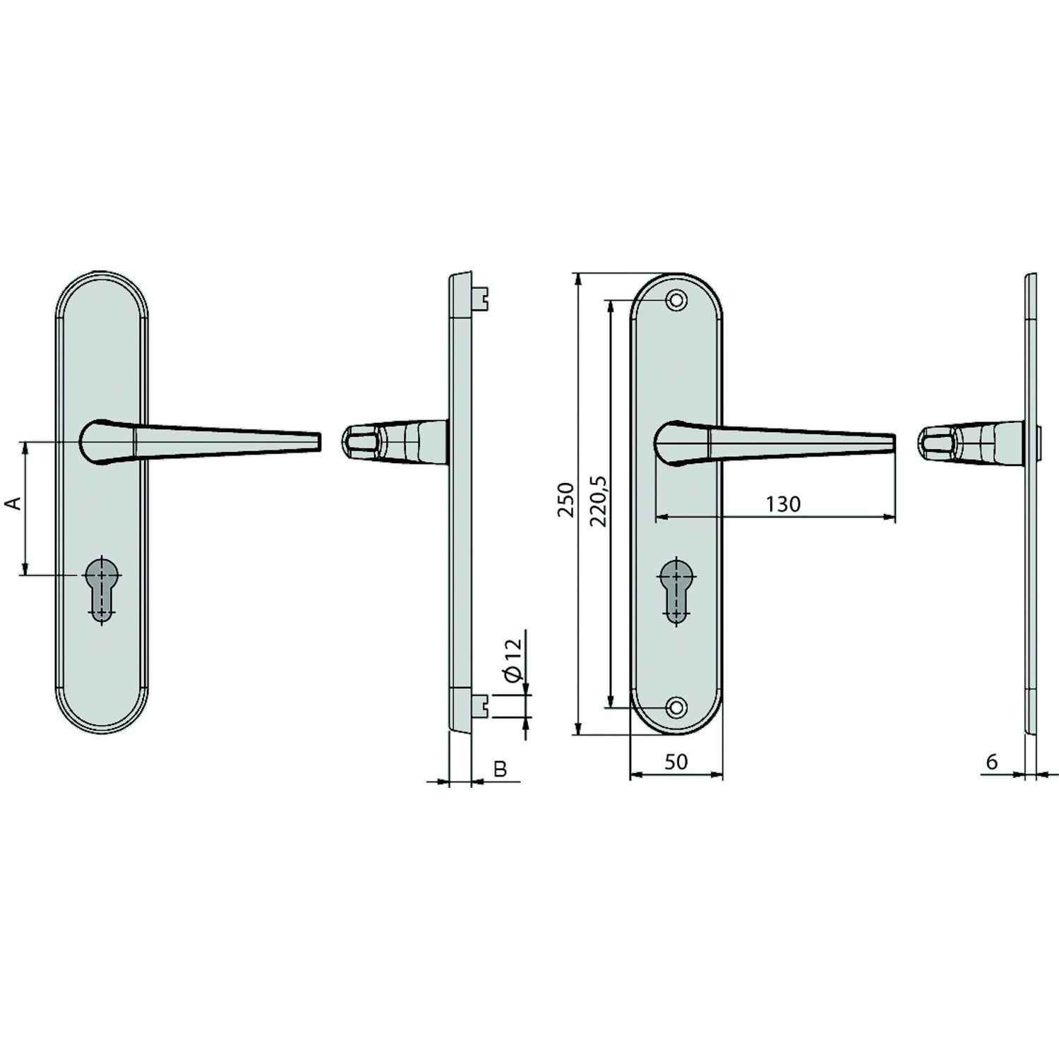 Technische Zeichnung: Basi Vollmaterial-Schutzbeschlag Alu F1, Drückergarnitur Langschild Rund, Maße und Details.