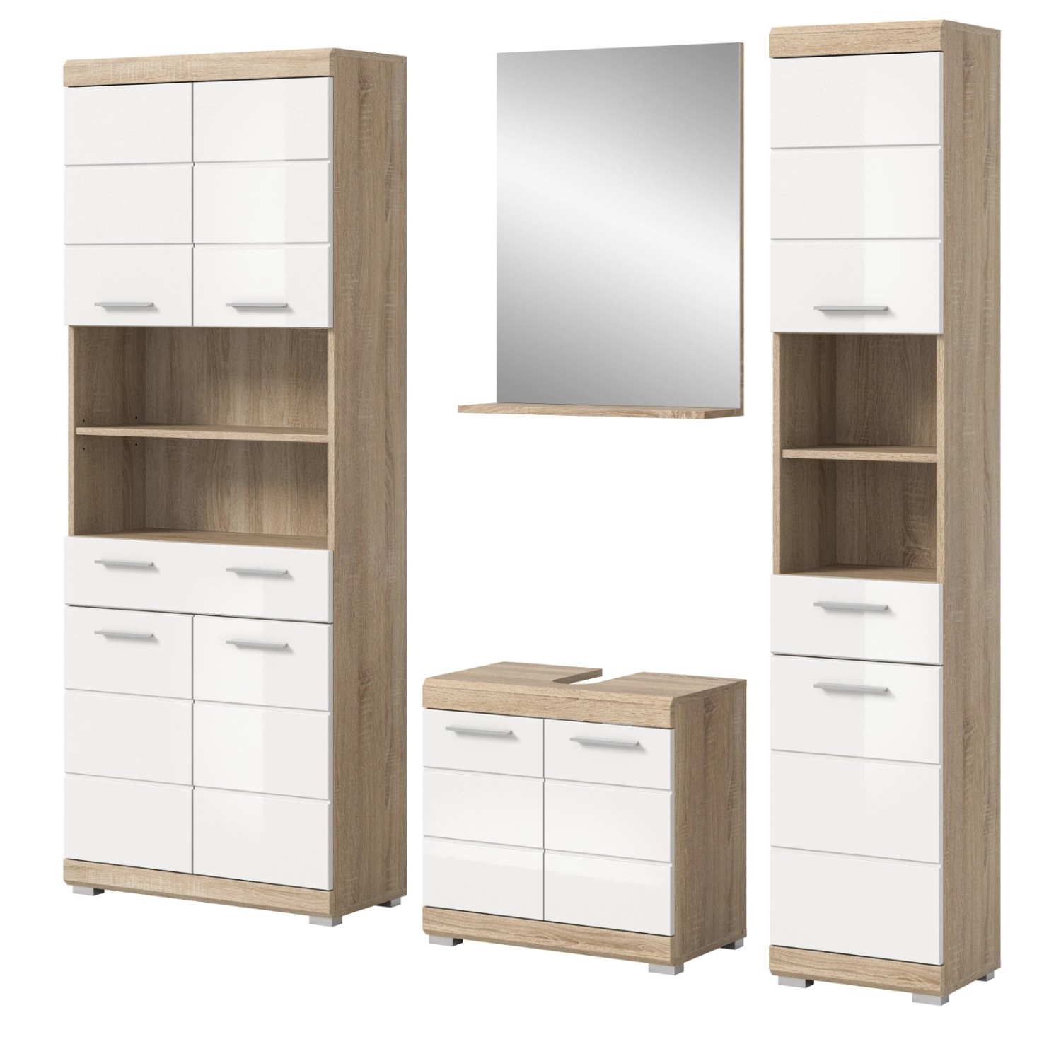 Inn.Furn Badmöbel Set 4-teilig 186 cm in Weiß Hochglanz und Eiche Mambo günstig online kaufen