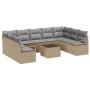 Beiges 10-teiliges Garten-Sofa-Set aus Poly Rattan mit Tisch und grauen Kissen.