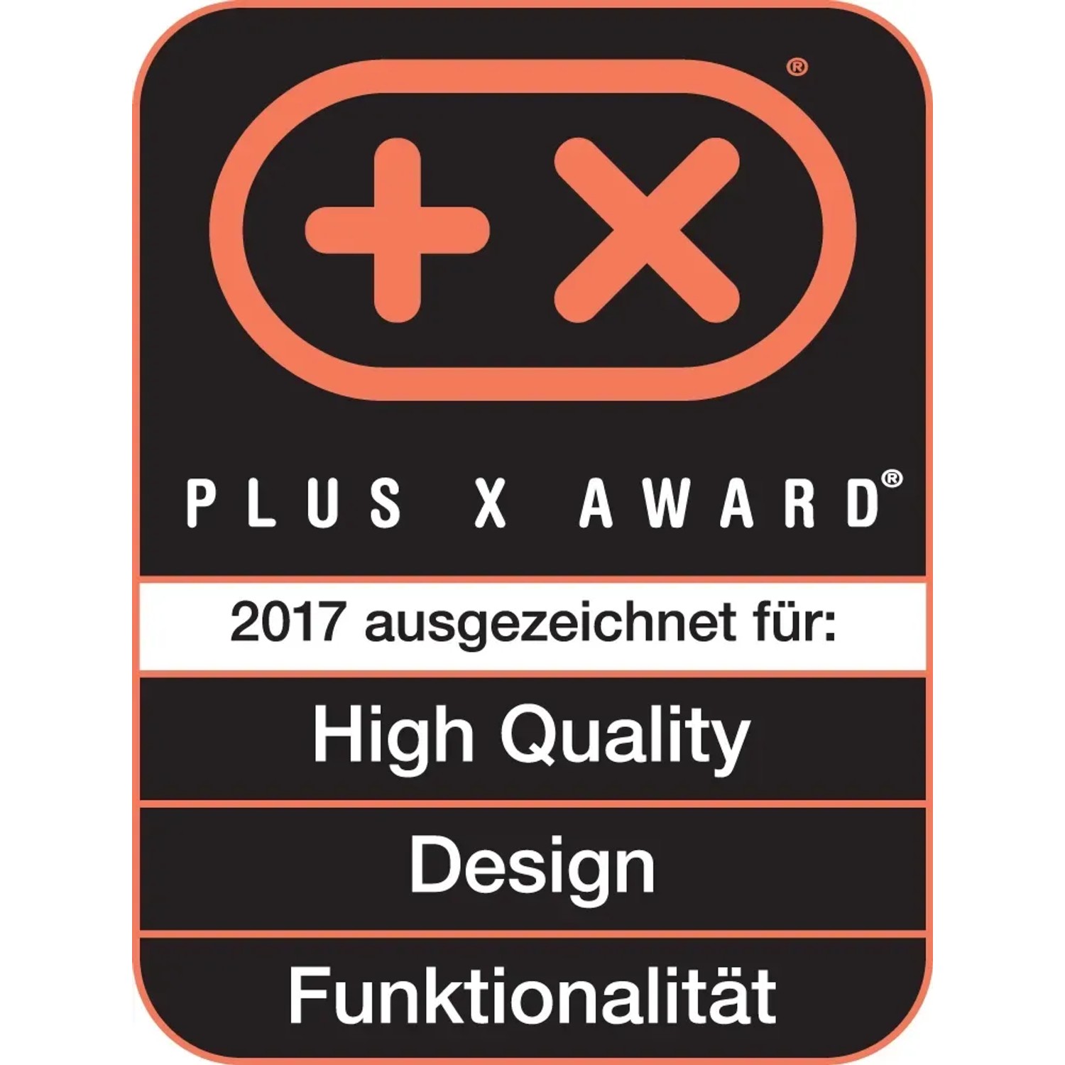 Plus X Award Siegel 2017 für High Quality, Design und Funktionalität des Wenko Haartrocknerhalters.