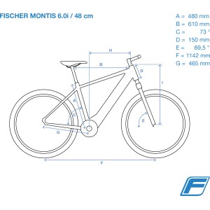 Skizze Fischer E-Bike Montis 6.0i mit Maßangaben. E-Bike der Kategorie E-Bikes.