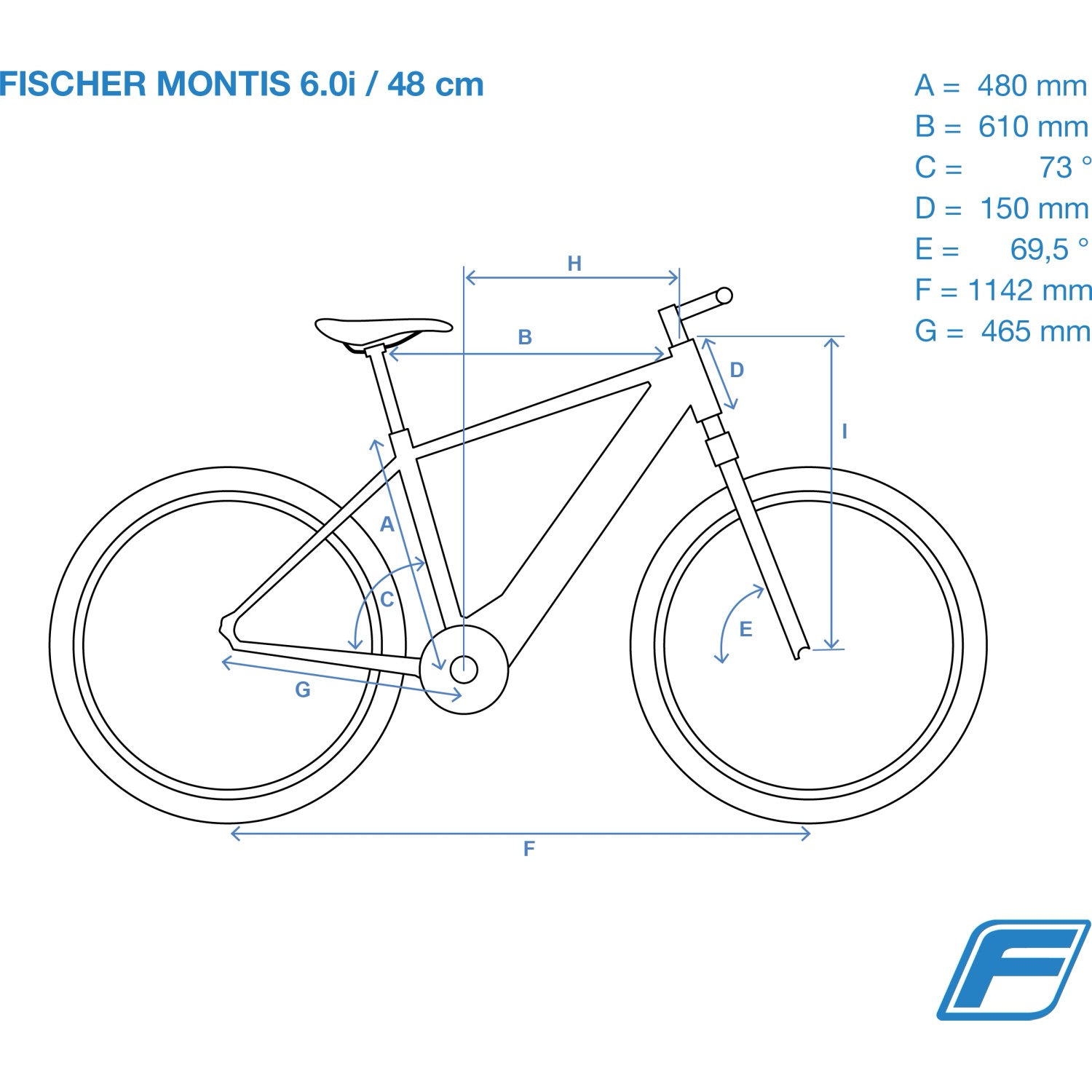 Skizze Fischer E-Bike Montis 6.0i mit Maßangaben. E-Bike der Kategorie E-Bikes.