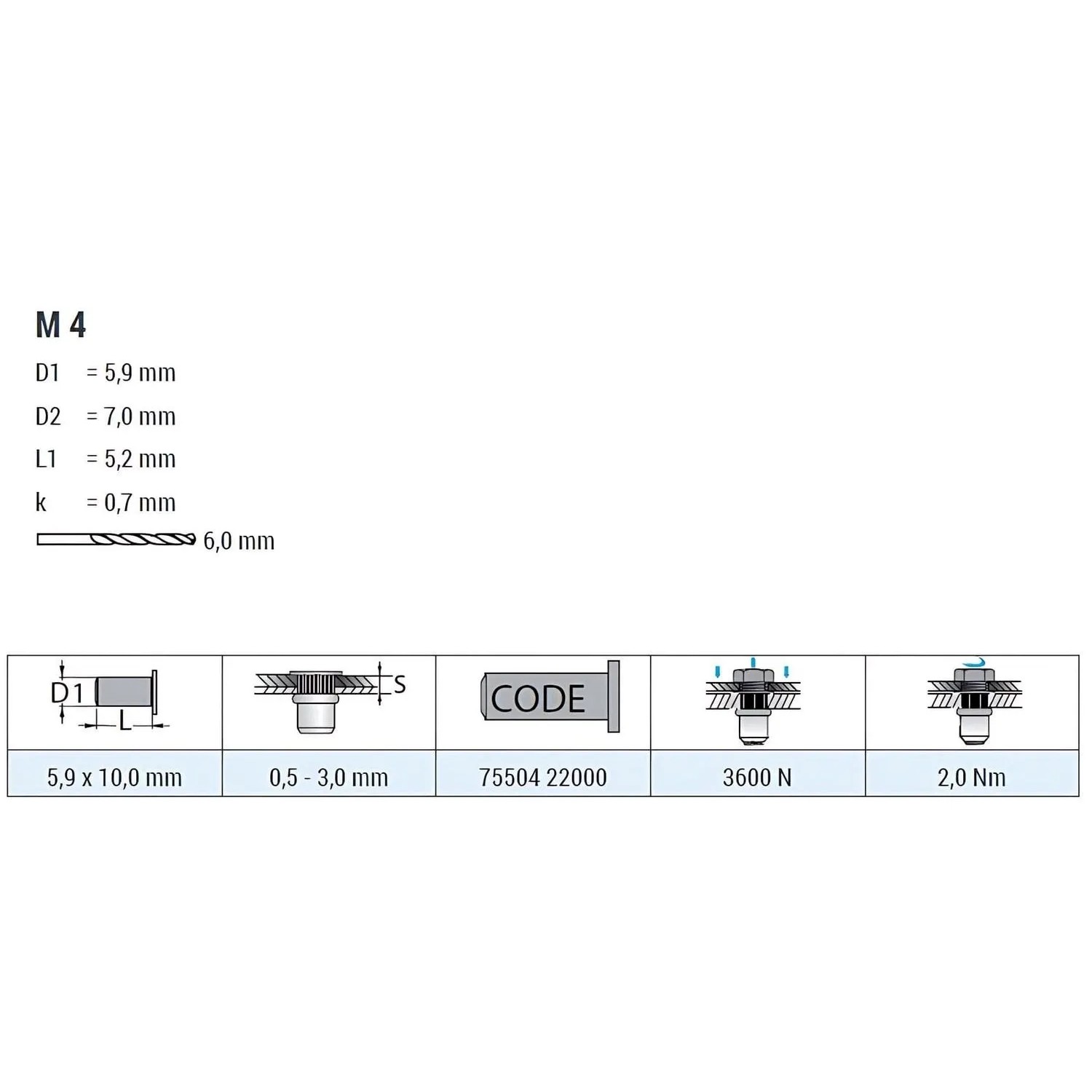 Technische Zeichnung Goebel Blindnietmutter M4, 5,9x10 mm, Senkkopf, Aluminium. Details zu Abmessungen und Anzugsmoment.