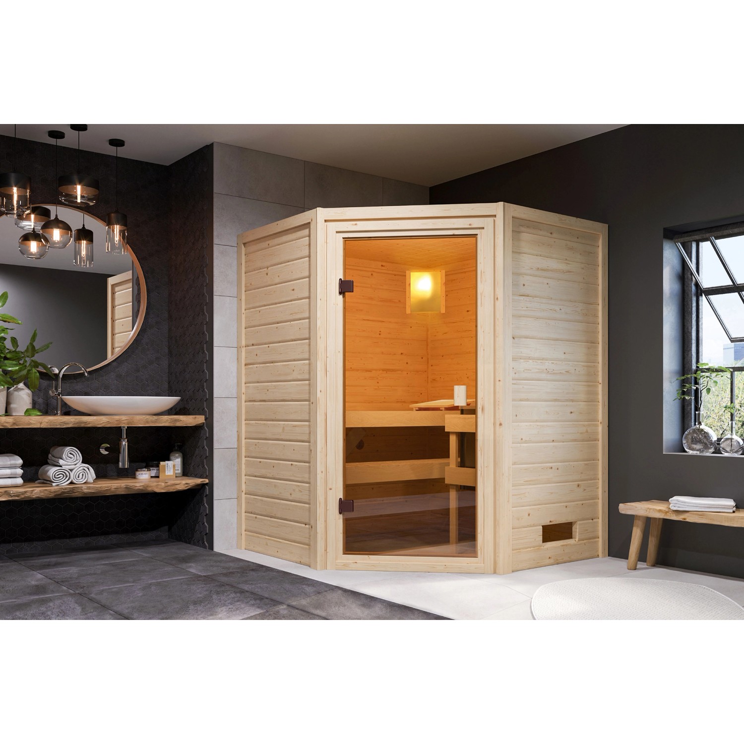 Karibu Sauna "Rabea Eckeinstieg" Naturbelassen mit Ofen 3,6 kW Integriert_2