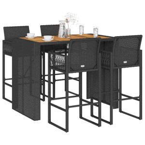 vidaXL Gartenbar-Set, 5-teilig, schwarz, Rattan, Akazie. Bar-Tisch mit 4 Barhockern für Garten oder Terrasse.