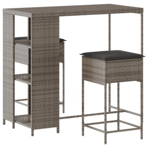 Graues 3-tlg. vidaXL Gartenbar-Set aus Polyrattan mit Tisch, 2 Hockern und Kissen.