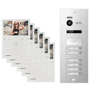 Balter Evo Video Türsprechanlage für 6 Familien mit 6 Monitoren, 2-Draht Bus, silberne Türstation.