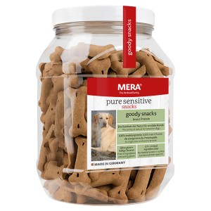 Meradog Pure Sensitive Goody Snacks mit Insektenprotein, glutenfreies Spezialfutter für Hunde im Vorratsglas.