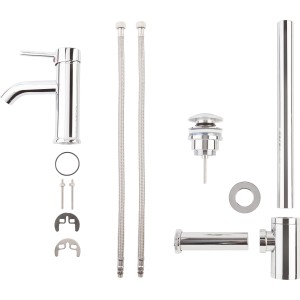 Posseik Siphon-Set mit Pop-Up Ablauf und Einhebelarmatur in Silber für Badmöbel.