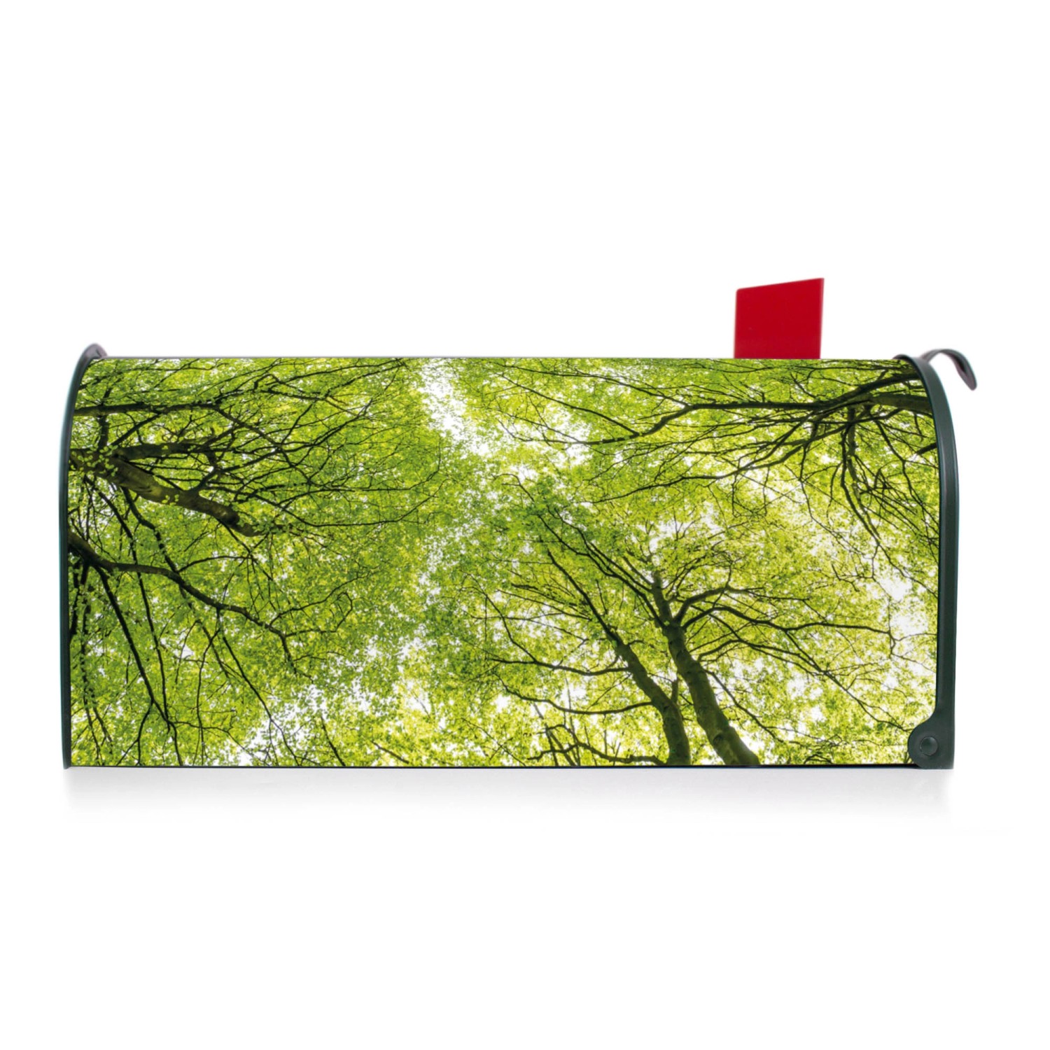 Grüner Banjado US Briefkasten mit Baummotiv, Stahl pulverbeschichtet, rote Fahne.
