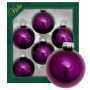 Set aus 6 glänzenden, violetten Krebs Glas Lauscha Weihnachtskugeln, 7cm, für festliche Baumdekoration.