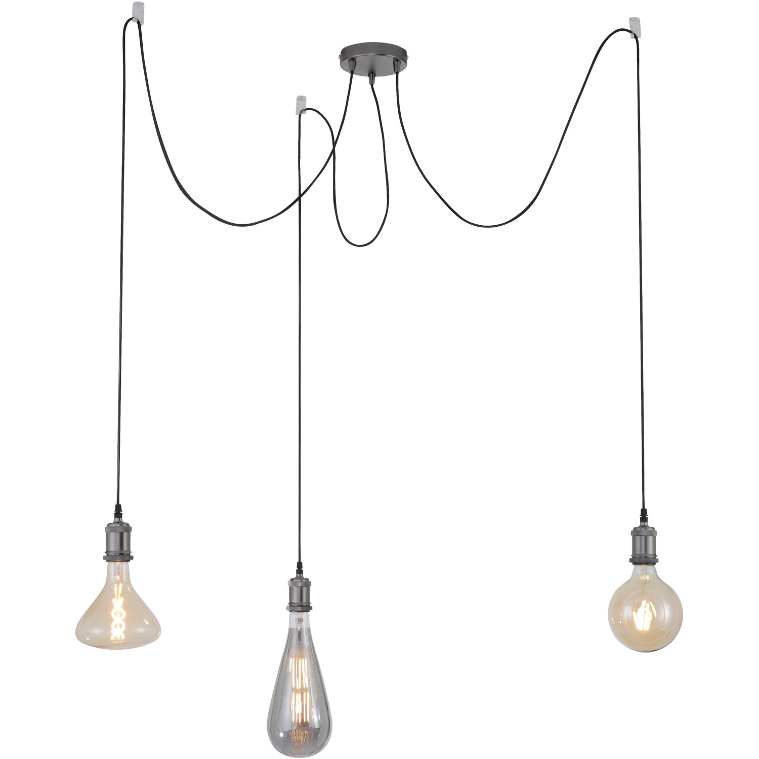 Schwarze DIY Pendelleuchte mit drei E27 Fassungen, ohne Leuchtmittel.