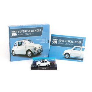 Blauer Westfalia Fiat 500 Adventskalender aus Karton mit weißem Modellauto und Begleitheft.