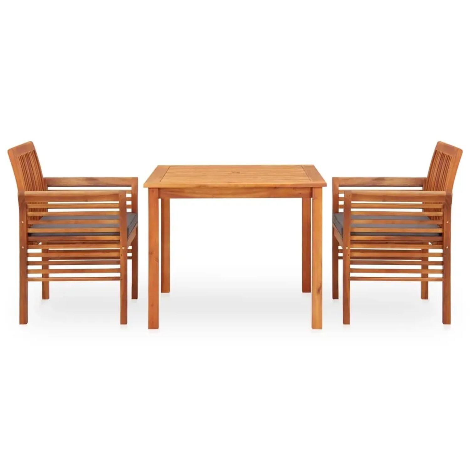 3-teilige Garten-Essgruppe aus Akazienholz mit Tisch und zwei Stühlen mit grauen Auflagen.