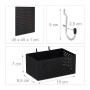 Schwarze Stahl-Lochwand (45x45 cm), Metallhaken und perforierte Box. Details des 9-teiligen Werkzeugwand-Sets.
