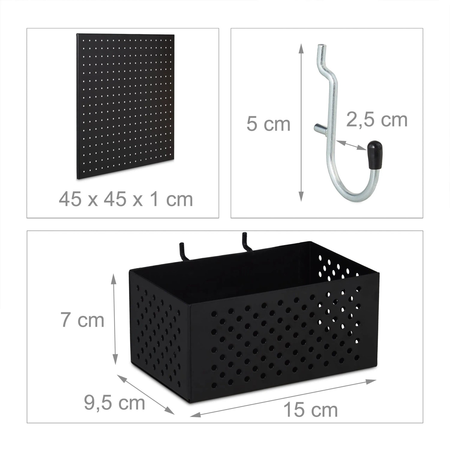 Schwarze Stahl-Lochwand (45x45 cm), Metallhaken und perforierte Box. Details des 9-teiligen Werkzeugwand-Sets.