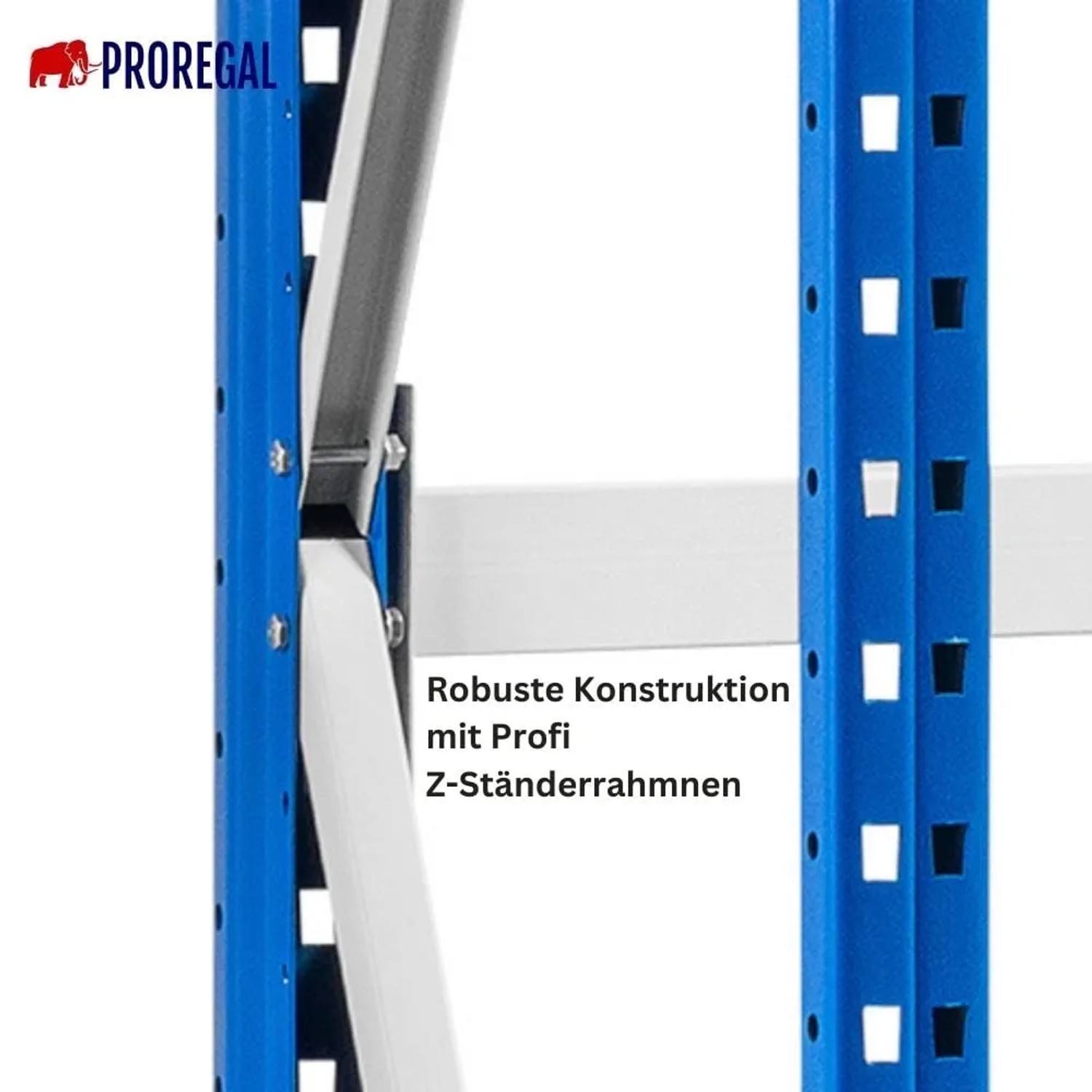 Detailaufnahme PROREGAL Weitspannregal Maximus Pro: Blaue Stahlrahmen mit Z-Profil und weißen Querträgern.