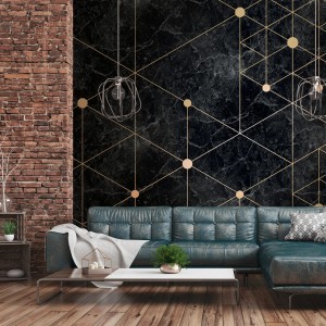 PROFHOME Fototapete in Marmoroptik, schwarz, gold und grau mit geometrischen Akzenten.