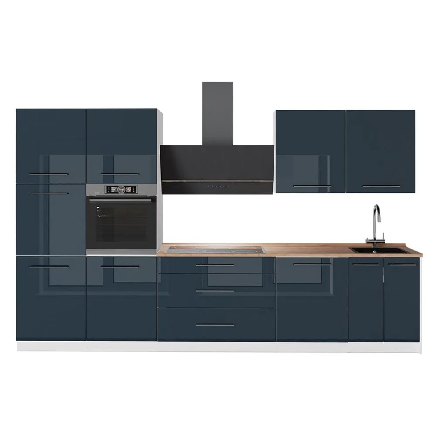 Vicco Küchenzeile Fame-Line Dunkelblau Hochglanz/Weiß 340 x 207 AP Eiche Art Nr 64633