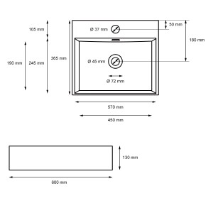 Technische Zeichnung: ML-Design Waschbecken, Keramik, schwarz matt, 600x365x130mm, mit Maßen.