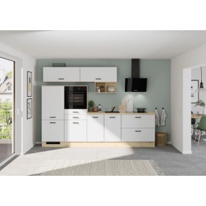 Moderne weiße Küchenzeile 300 cm mit heller Eiche-Arbeitsplatte, Backofen, Kochfeld und integrierten E-Geräten.