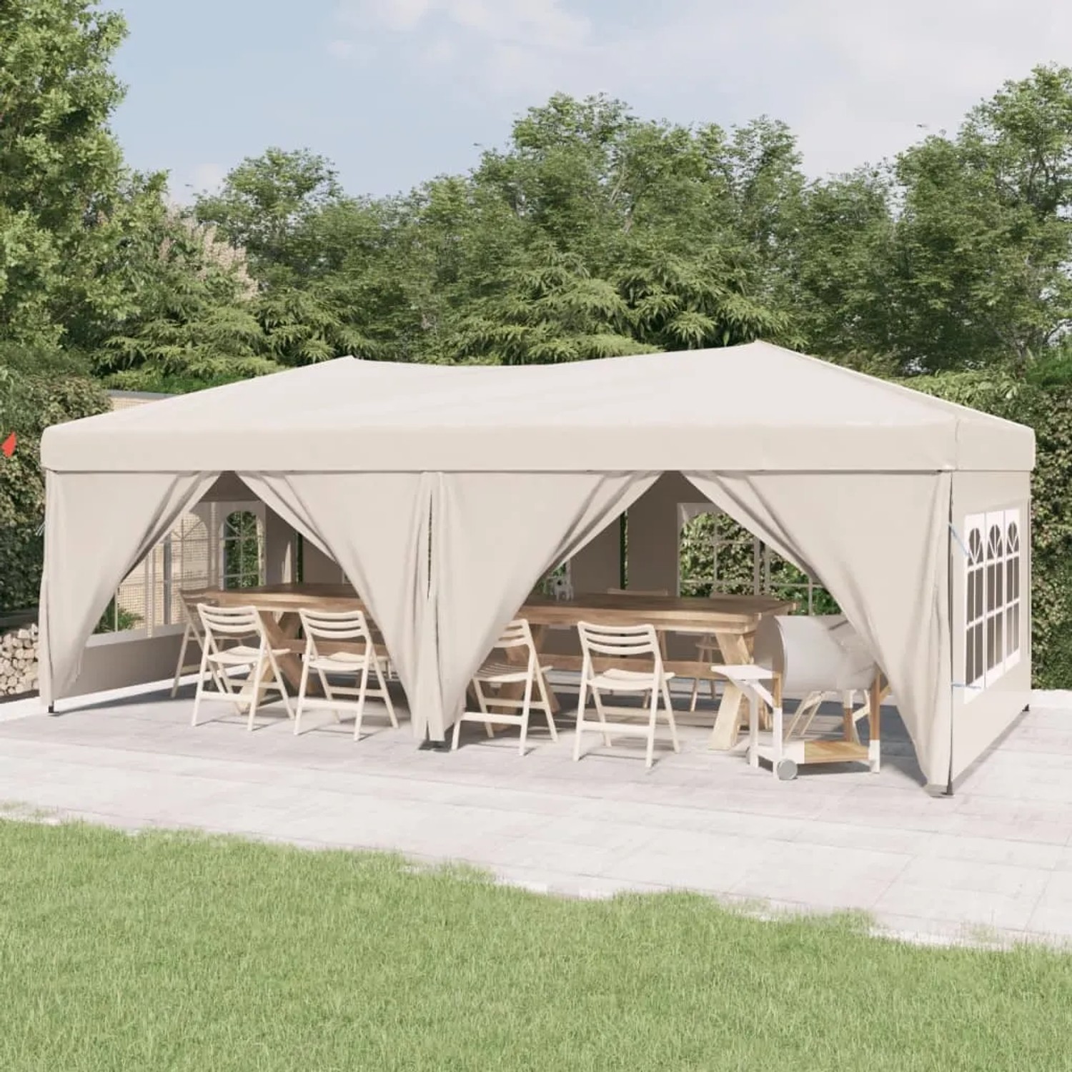 Cremefarbenes, faltbares Partyzelt 3x6 m mit Seitenwänden für Gartenpartys und Veranstaltungen.
