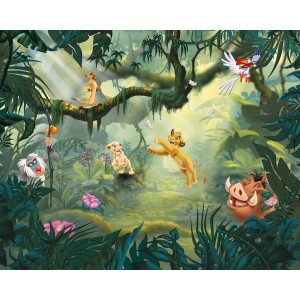 Komar Vliesfototapete: Lion King Hakuna Matata mit Simba, Pumbaa und Timon im Dschungel.