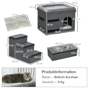 PawHut Katzenhöhle mit Treppe und Futternapf, grau/creme, für Katzen bis 8 kg.