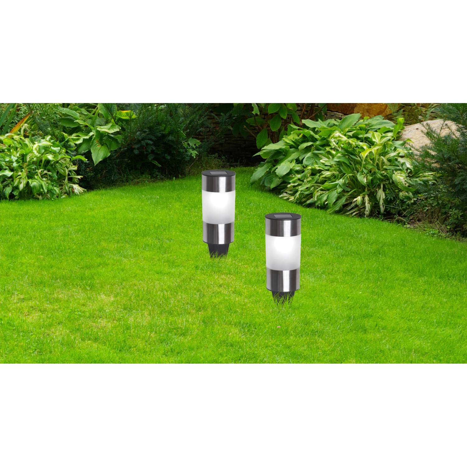 3er Set Globo LED Solar-Wegeleuchten aus Edelstahl und Kunststoff im Garten.