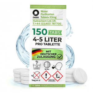 JUNG Oasis Wasseraufbereitungstabletten, 150 Stk. für 750L Trinkwasser. Weiß-grüne Packung mit Wasser-Grafik für Camping & Outdoor.