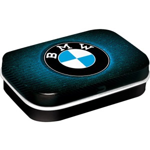 Nostalgic-Art Pillendose mit BMW Logo in Blau. Praktische Metalldose für unterwegs.