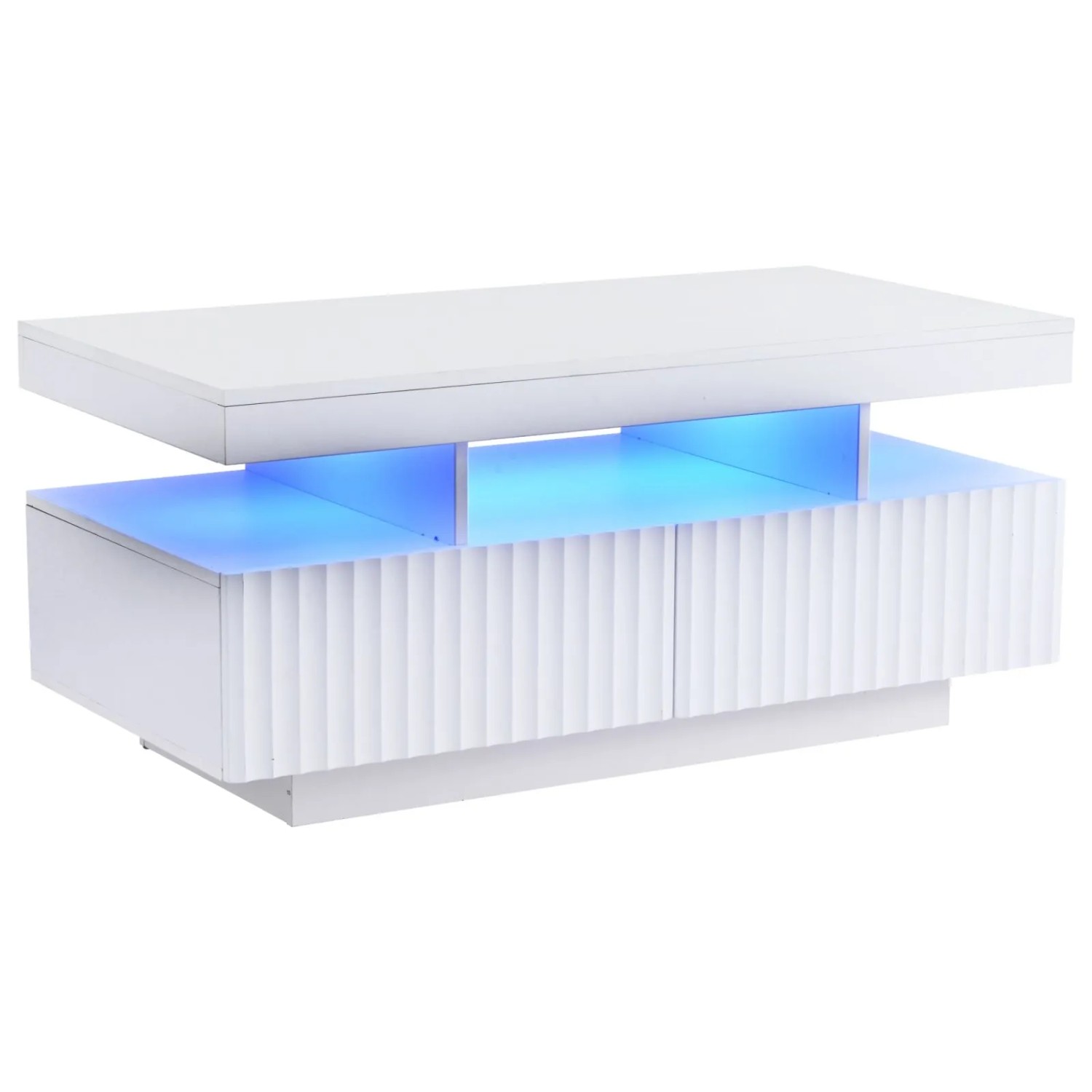 PXloue Couchtisch mit LED Licht Schubladen Wohnzimmer Tisch Weiß mit Vertikaler Streifenoptik
